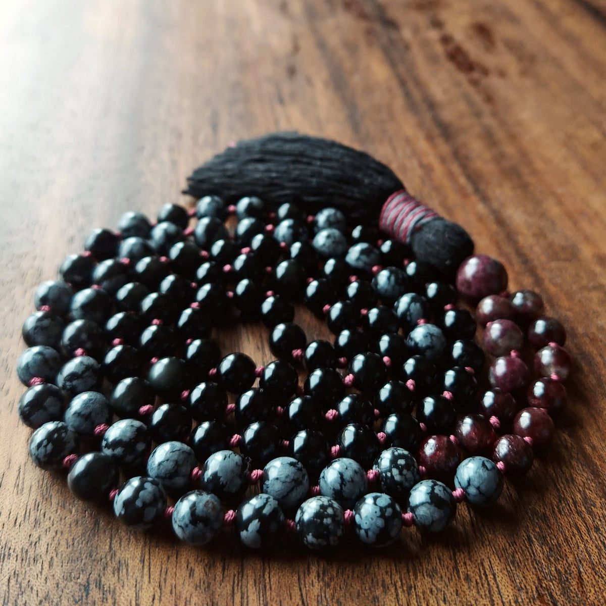 Red Dragon Mala with Garnet, Pink Tourmaline, and Snowflake Obsidian