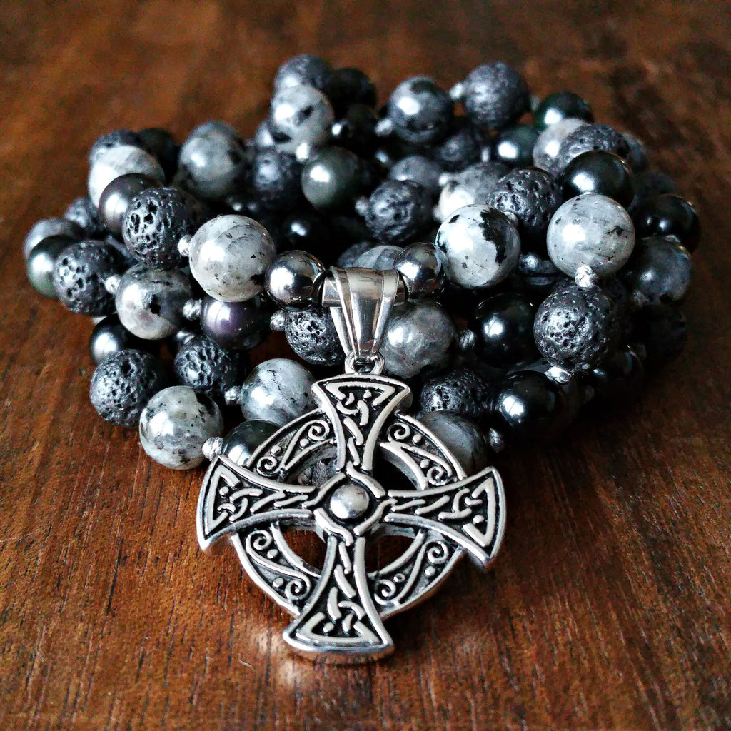 Ancestral Path Mala with Black Obsidian and Larvikite