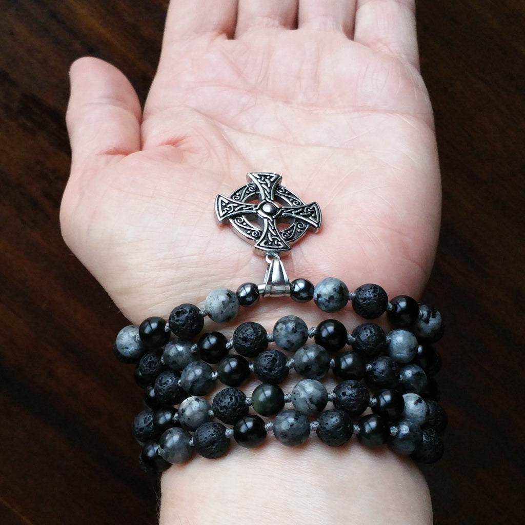 Ancestral Path Mala with Black Obsidian and Larvikite