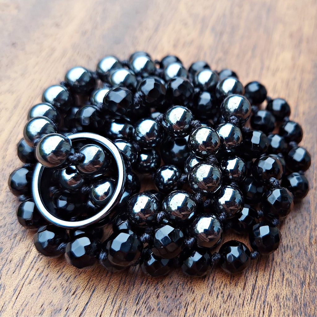 Infinite Shield Mala with Hematite, Black Obsidian, and Black Onyx