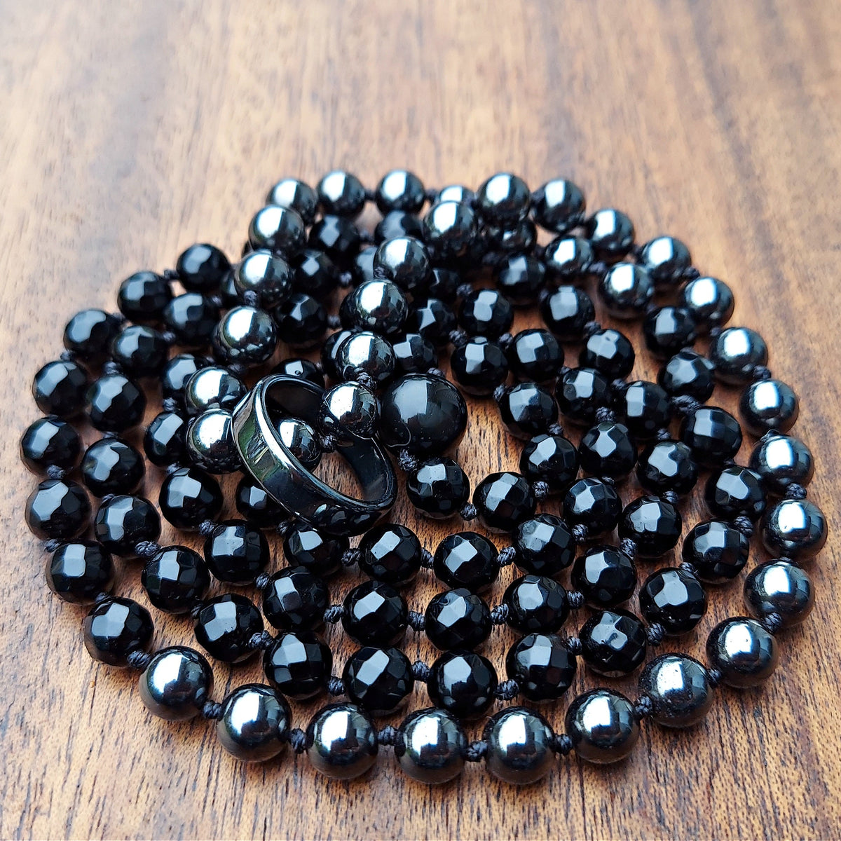 Infinite Shield Mala with Hematite, Black Obsidian, and Black Onyx