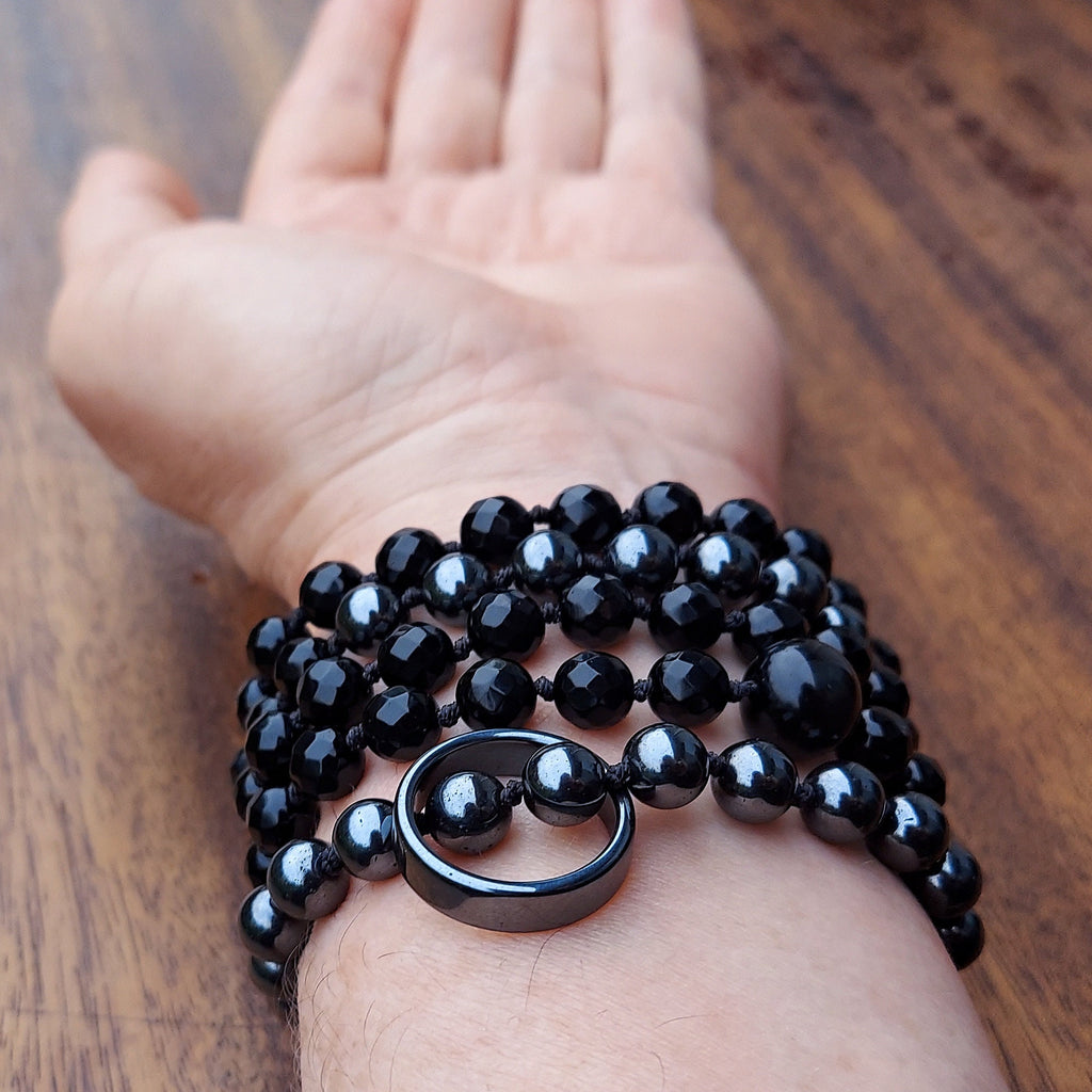 Infinite Shield Mala with Hematite, Black Obsidian, and Black Onyx