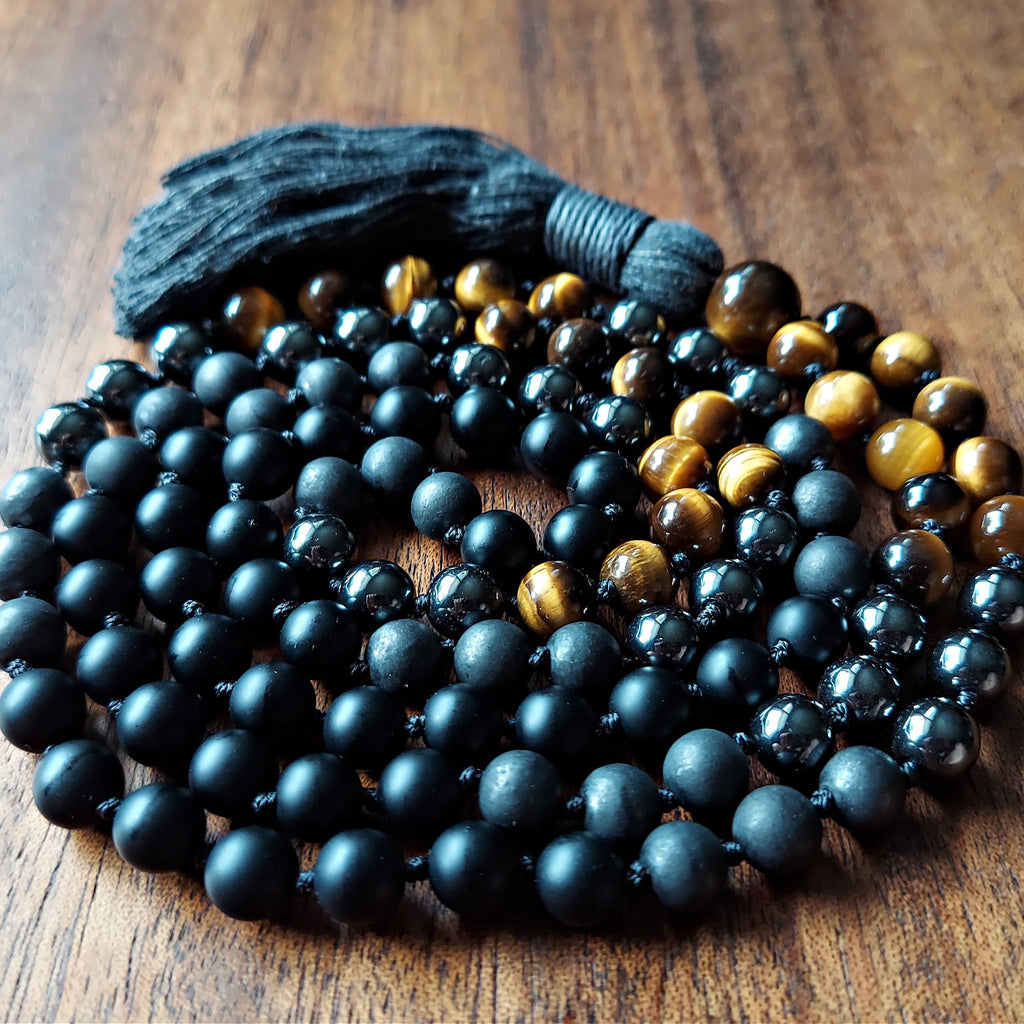 Warrior’s Calm Mala with Shungite, Hematite, Tiger’s Eye, and Onyx beads
