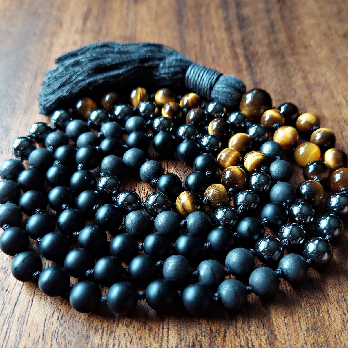 Warrior’s Calm Mala with Shungite, Hematite, Tiger’s Eye, and Onyx beads