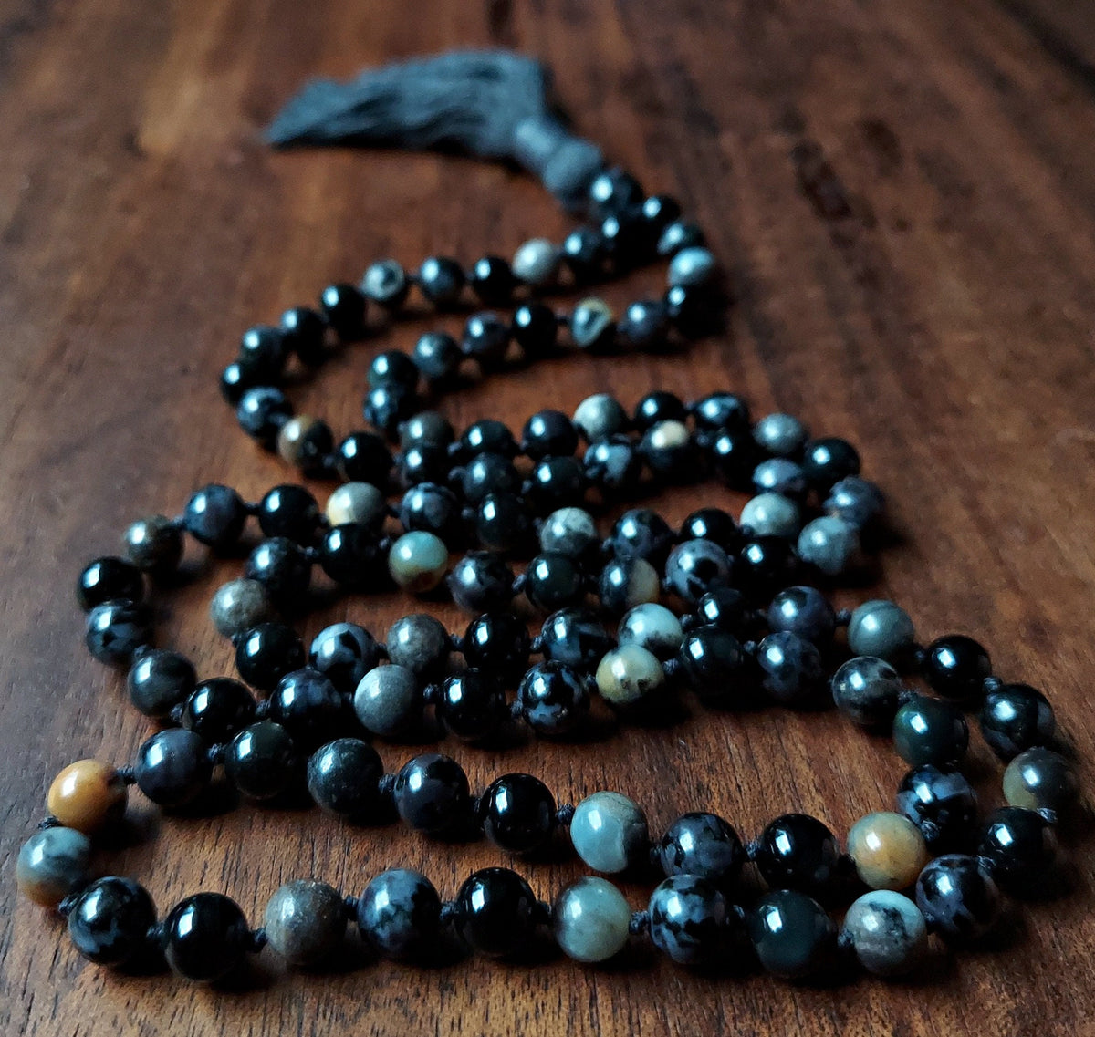 Shadow Seeker Mala with Dark Amazonite, Mystic Merlinite, and Obsidian