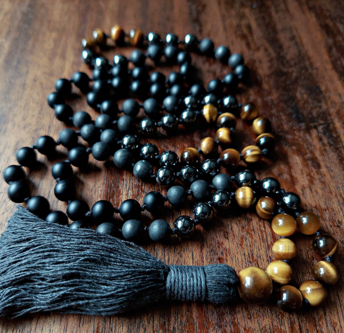 Warrior’s Calm Mala with Shungite, Hematite, Tiger’s Eye, and Onyx beads