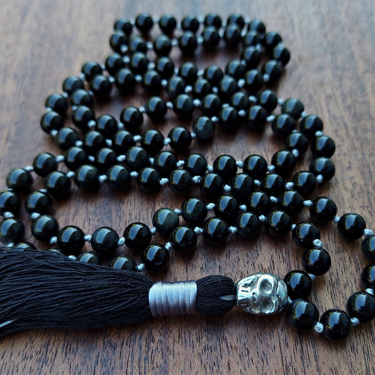 Sovereign Moon Mala with Black Obsidian and Silver Knots