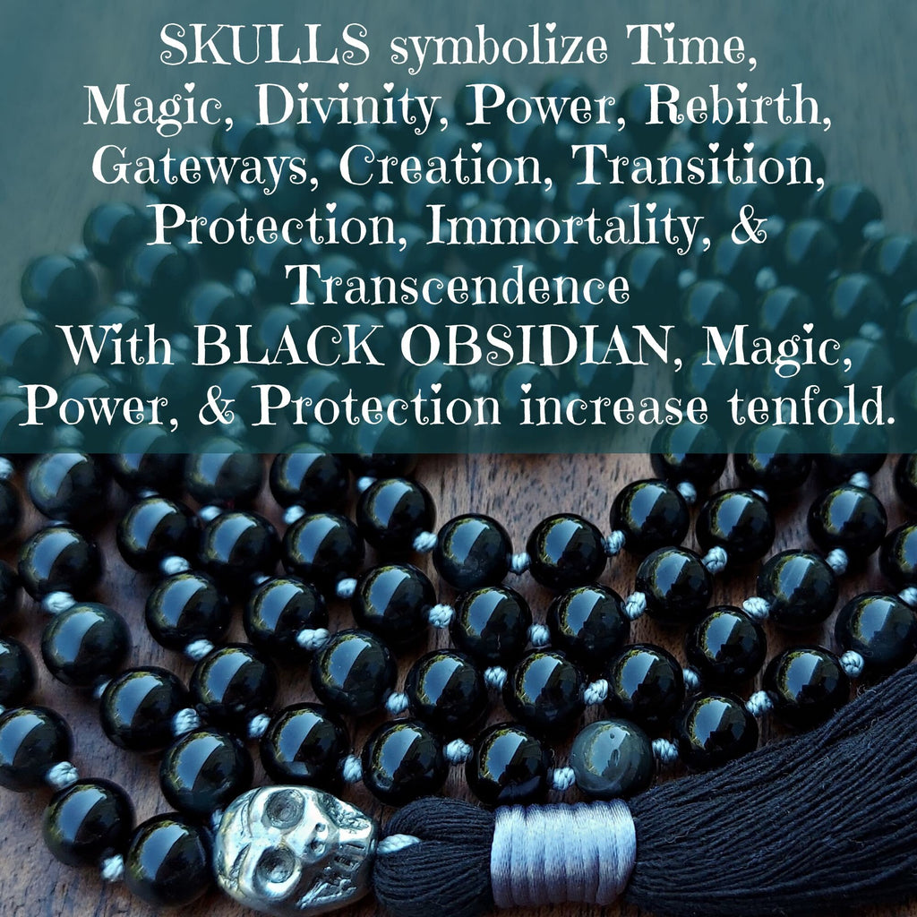 Sovereign Moon Mala with Black Obsidian and Silver Knots