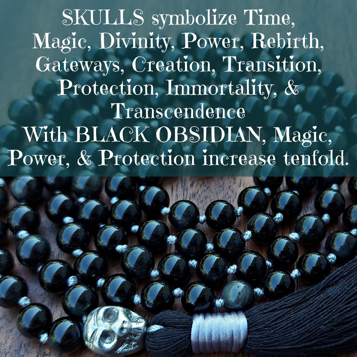 Sovereign Moon Mala with Black Obsidian and Silver Knots