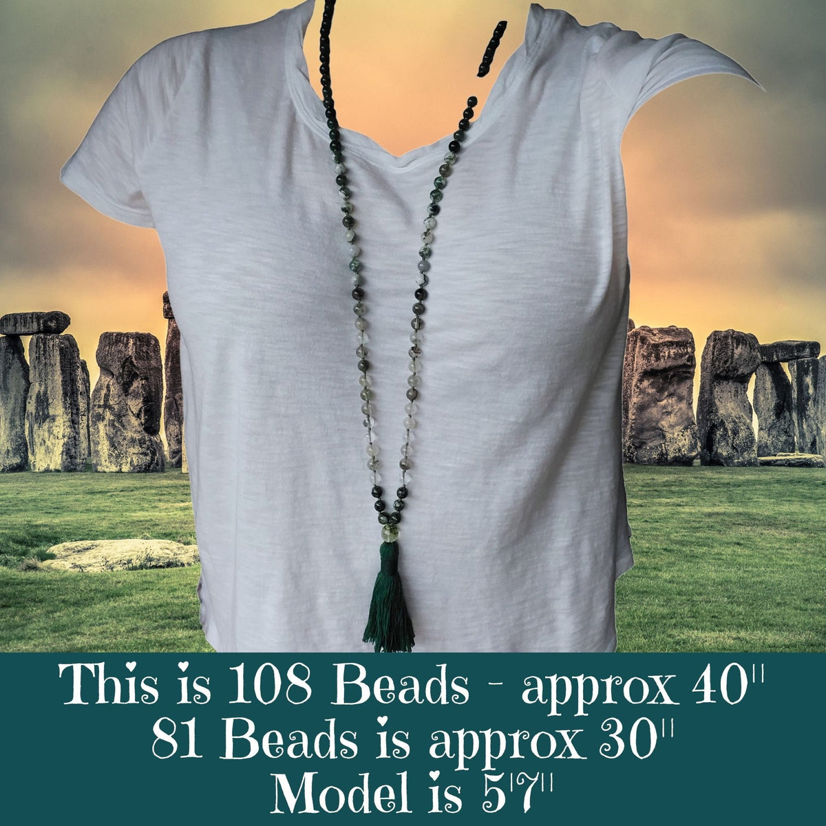 Standing Stones Mala with Preseli Bluestone, Phantom Quartz, Tree Agate, and Moss Agate