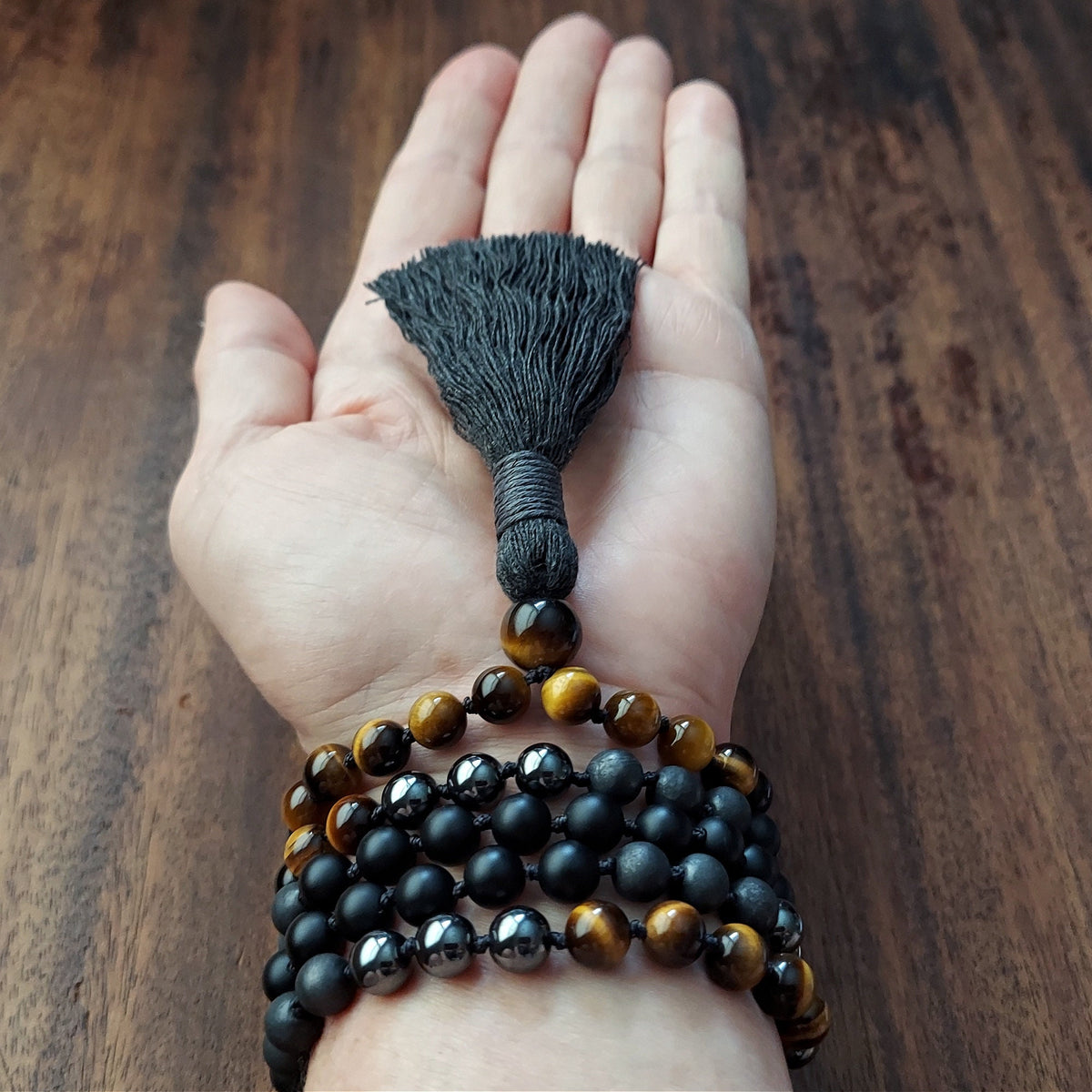 Warrior’s Calm Mala with Shungite, Hematite, Tiger’s Eye, and Onyx beads