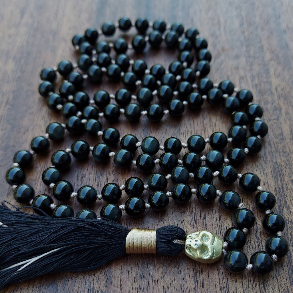 Sovereign Flame Mala With Black Obsidian and Brass Skull Guru