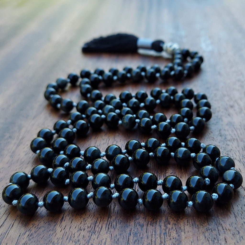 Sovereign Moon Mala with Black Obsidian and Silver Knots