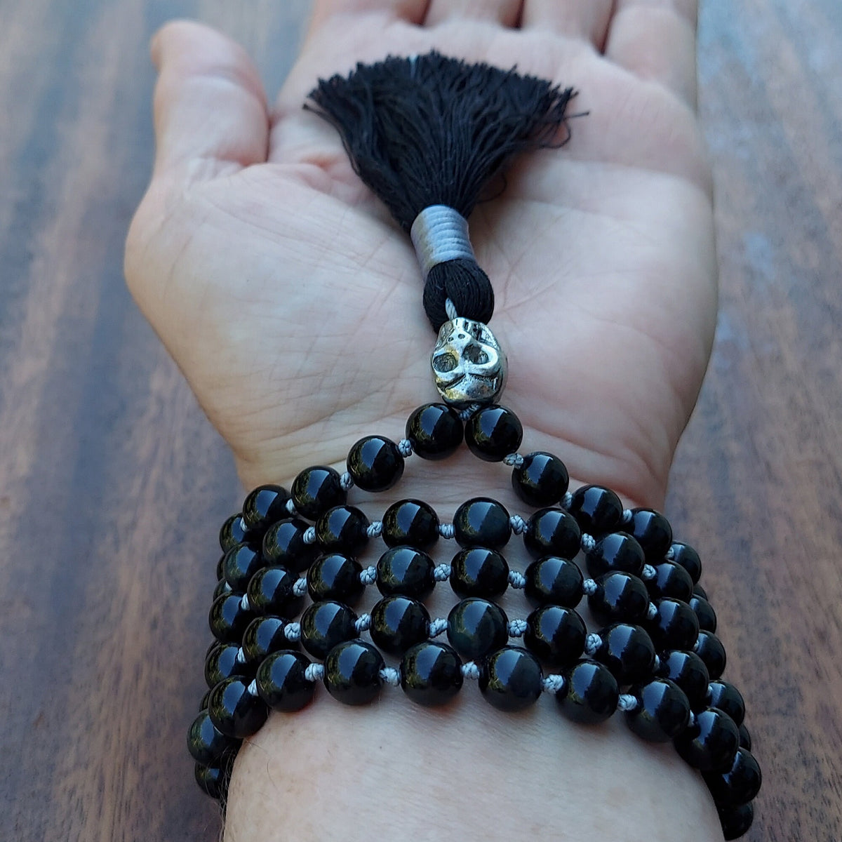 Sovereign Moon Mala with Black Obsidian and Silver Knots