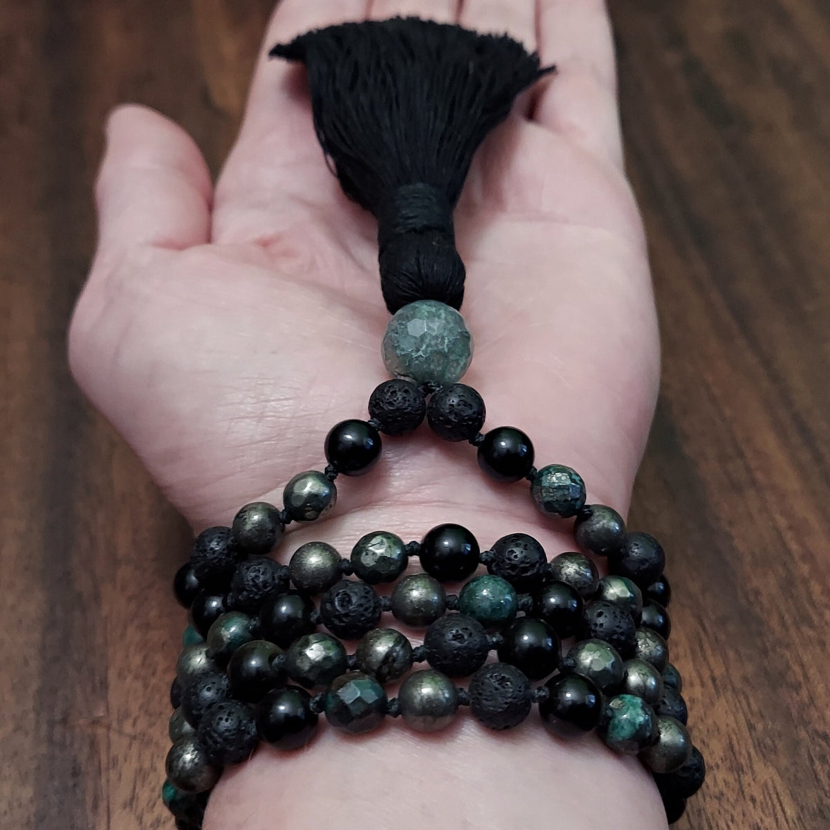 Prosperous Path Mala with a Vibrant Combination of Pyrites and Black Obsidian