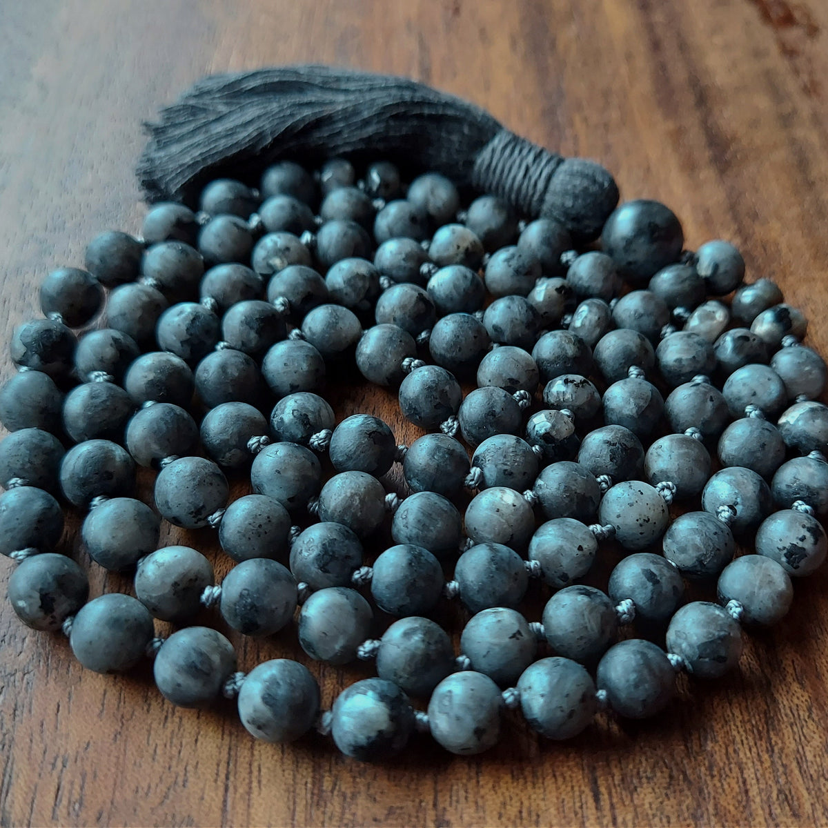 Moon Shadow Mala with Frosted Gray Larvikite