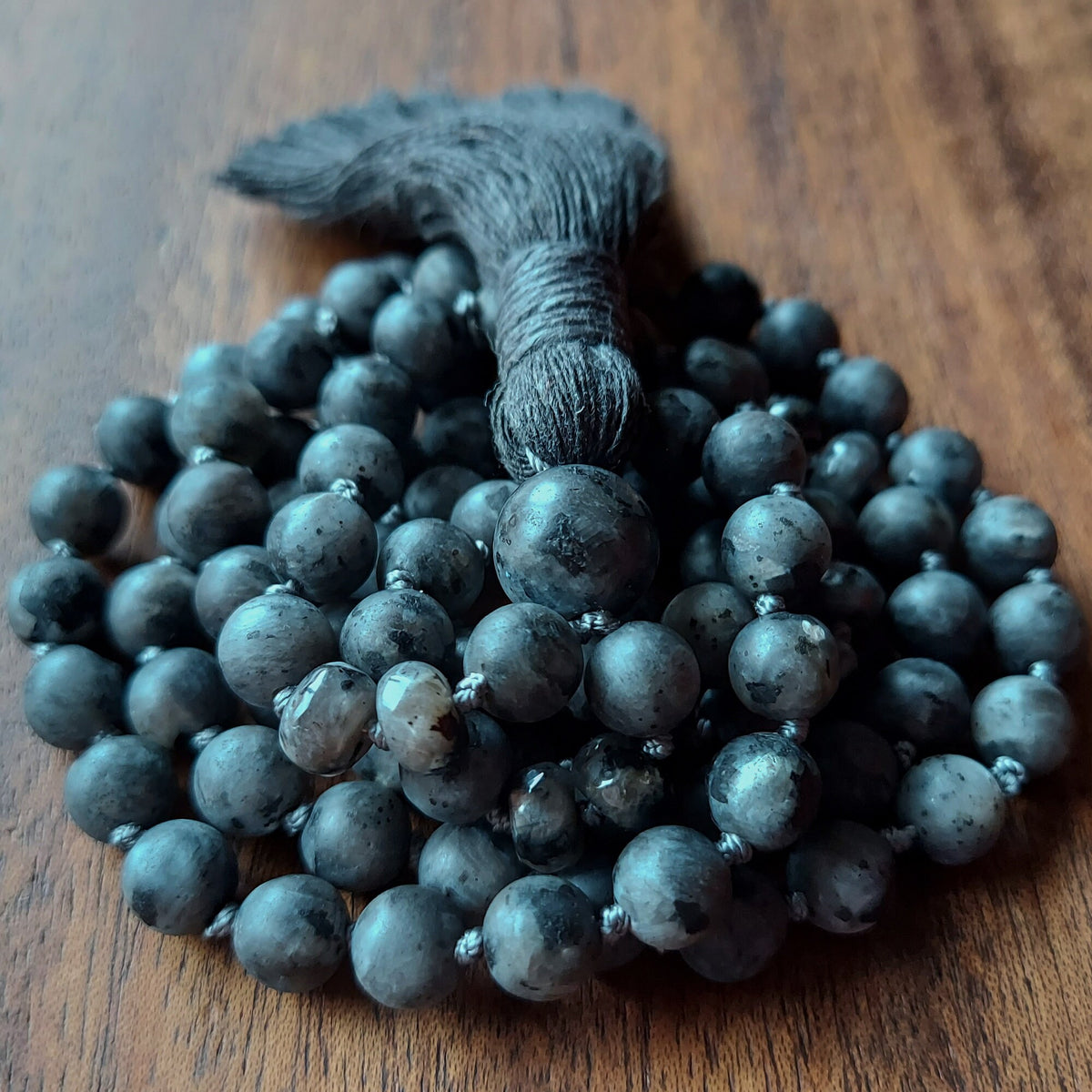 Moon Shadow Mala with Frosted Gray Larvikite