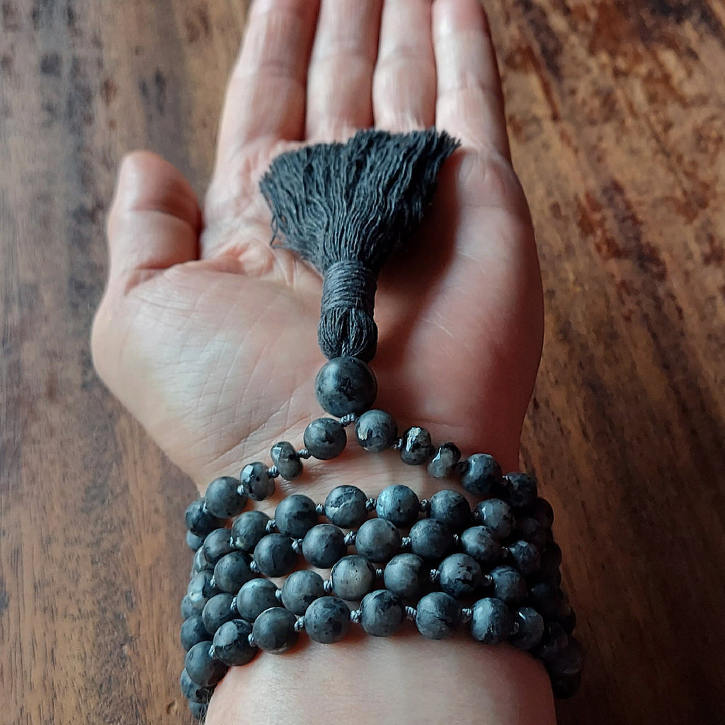 Moon Shadow Mala with Frosted Gray Larvikite