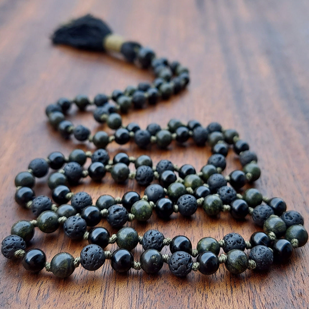 Serpent Stone Mala with Black Obsidian, Serpentine, and Lava Stone