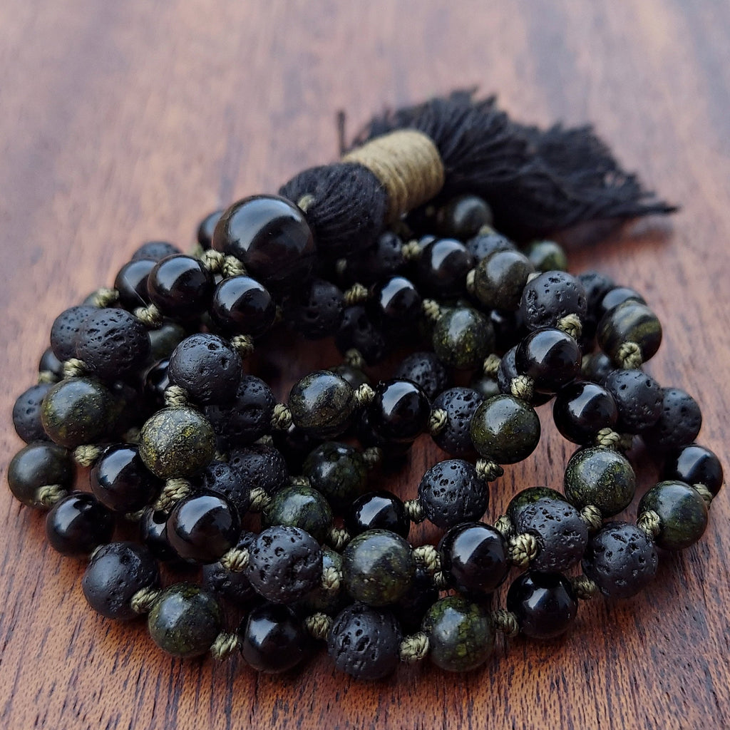 Serpent Stone Mala with Black Obsidian, Serpentine, and Lava Stone