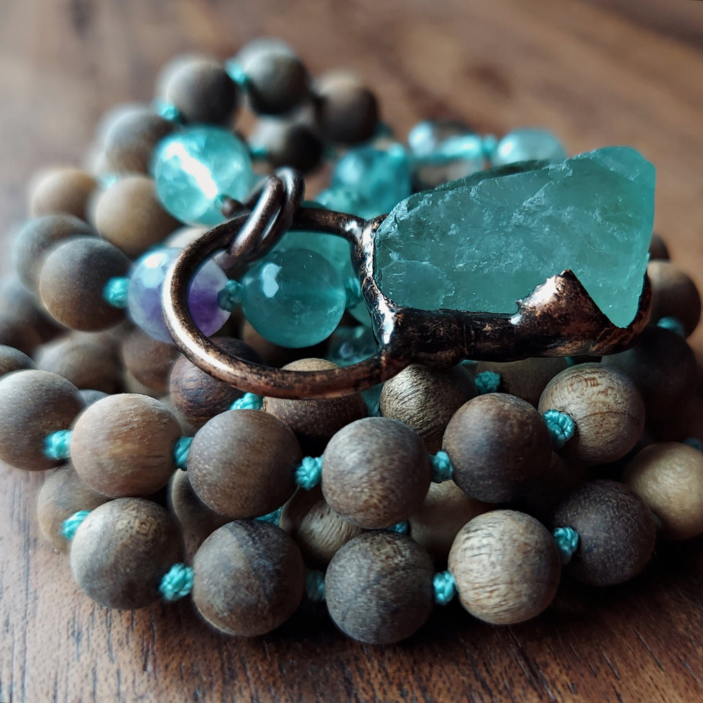 Verdant Heart Mala with Fluorite and Sandalwood