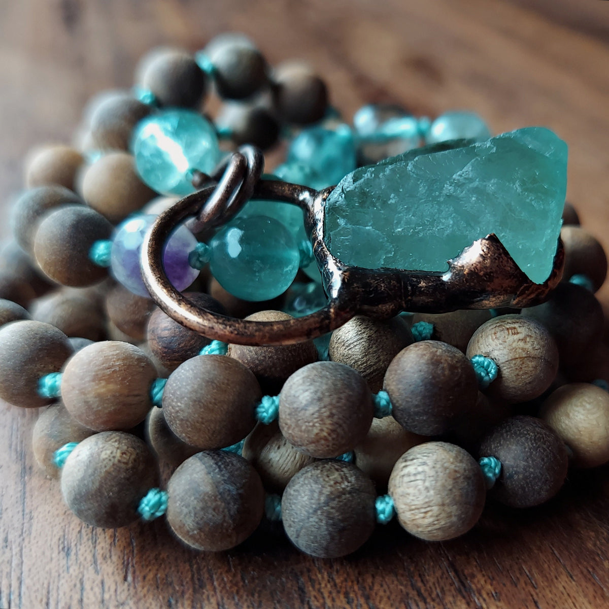 Verdant Heart Mala with Fluorite and Sandalwood