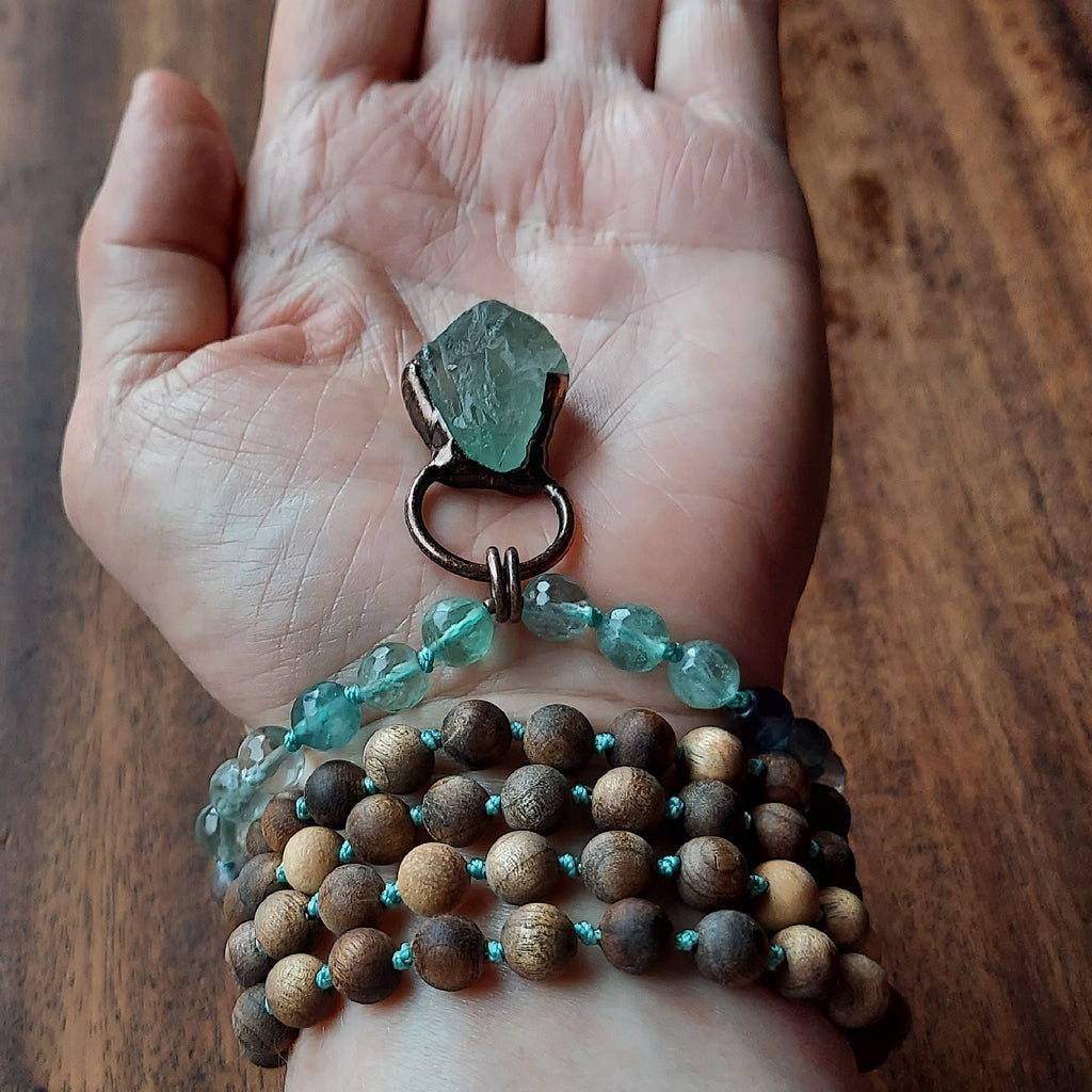 Verdant Heart Mala with Fluorite and Sandalwood