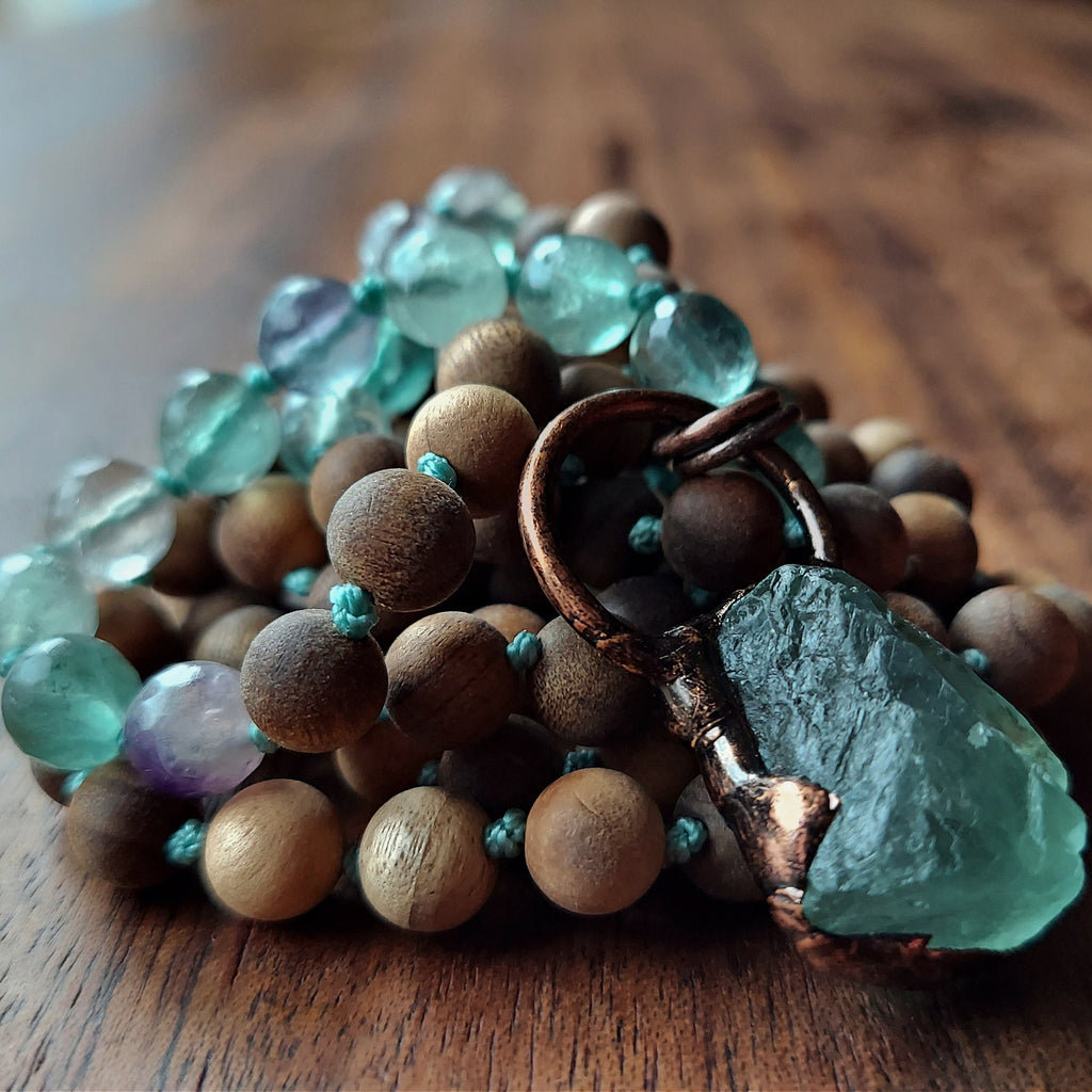 Verdant Heart Mala with Fluorite and Sandalwood