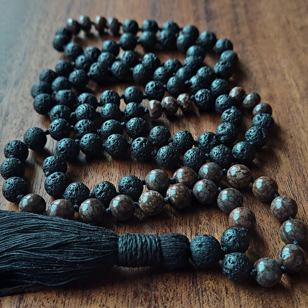 Earthfire Mala with Brown Snowflake Obsidian and Lava Stone