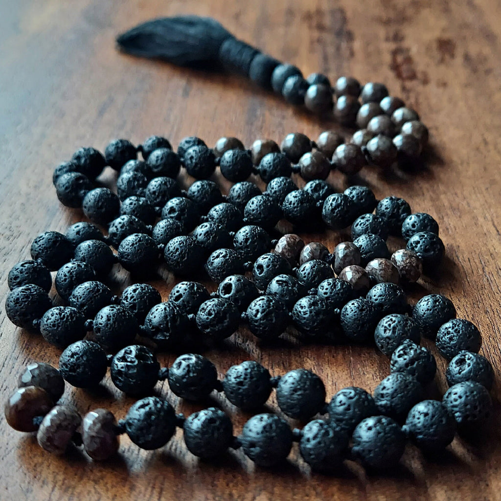 Earthfire Mala with Brown Snowflake Obsidian and Lava Stone