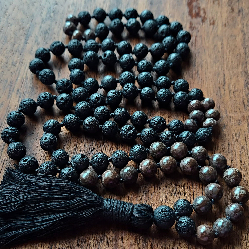 Earthfire Mala with Brown Snowflake Obsidian and Lava Stone
