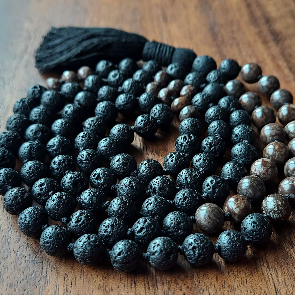 Earthfire Mala with Brown Snowflake Obsidian and Lava Stone