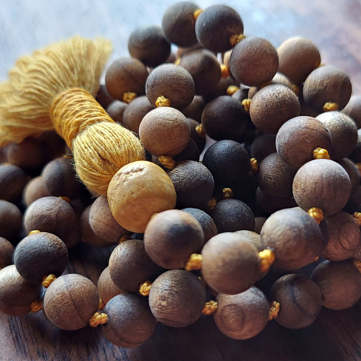 Smoke and Sandalwood Mala with Palo Santo Guru