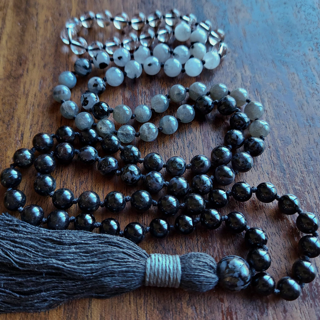 New Moon Mala with Black Tourmaline, Hypersthene, Mystic Merlinite, Labradorite, and Quartz
