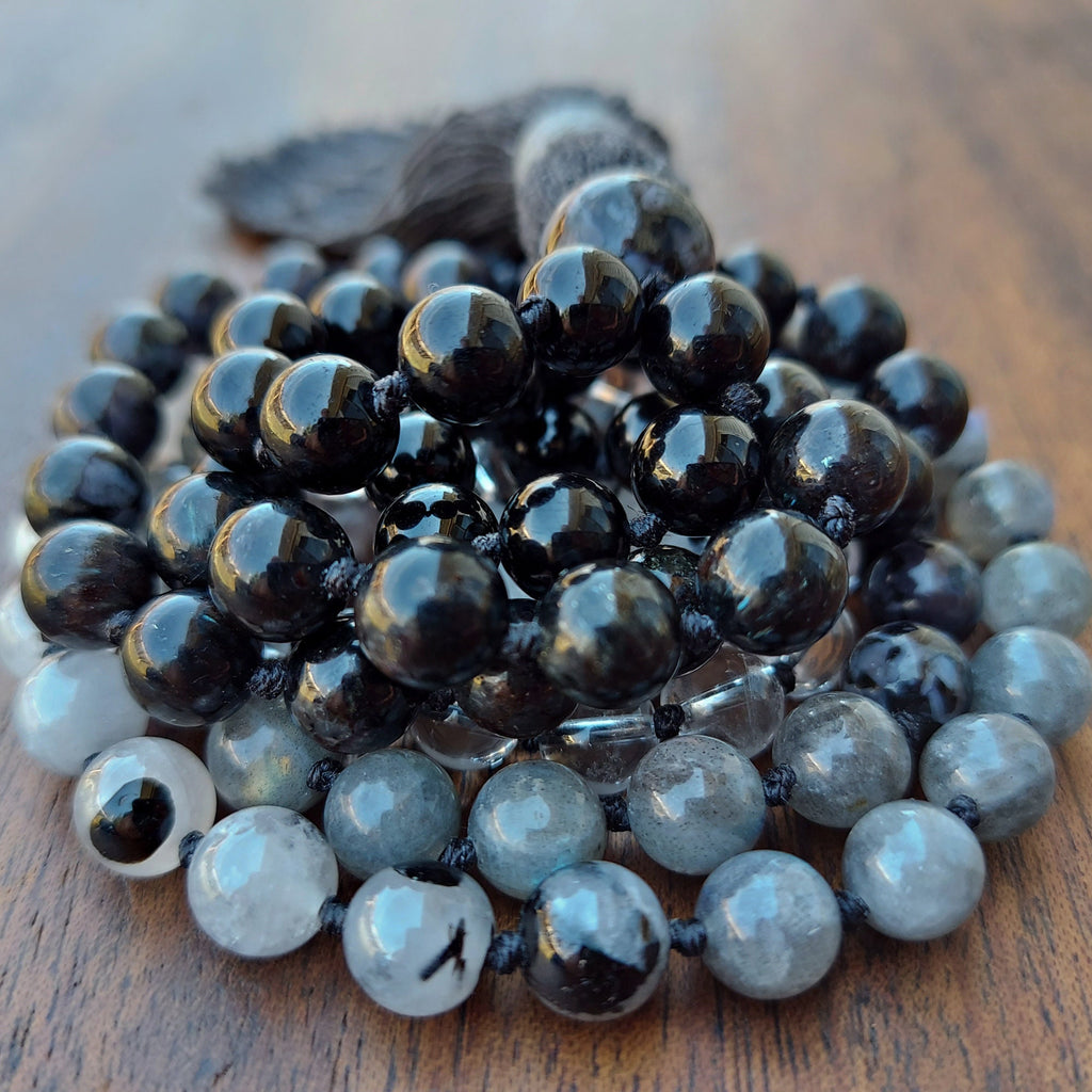 New Moon Mala with Black Tourmaline, Hypersthene, Mystic Merlinite, Labradorite, and Quartz