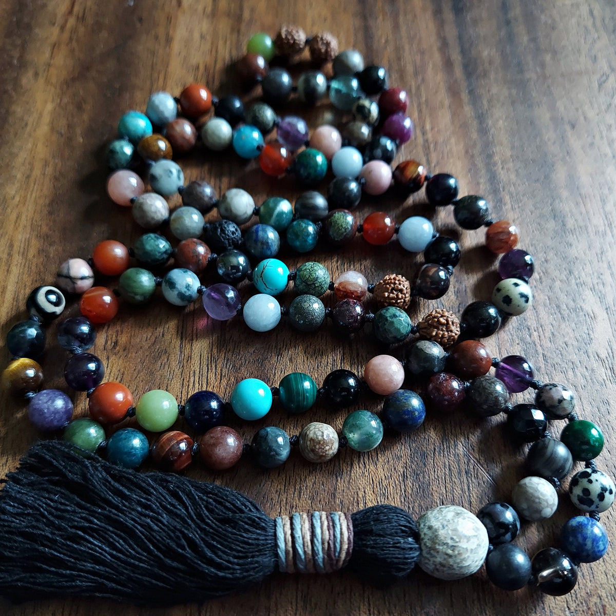 Black Dragon Mala with Stegadon Fossil Guru, and 21+ Gemstones and Crystals