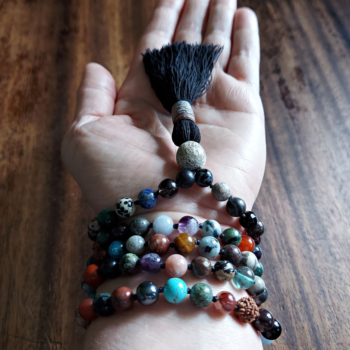 Black Dragon Mala with Stegadon Fossil Guru, and 21+ Gemstones and Crystals
