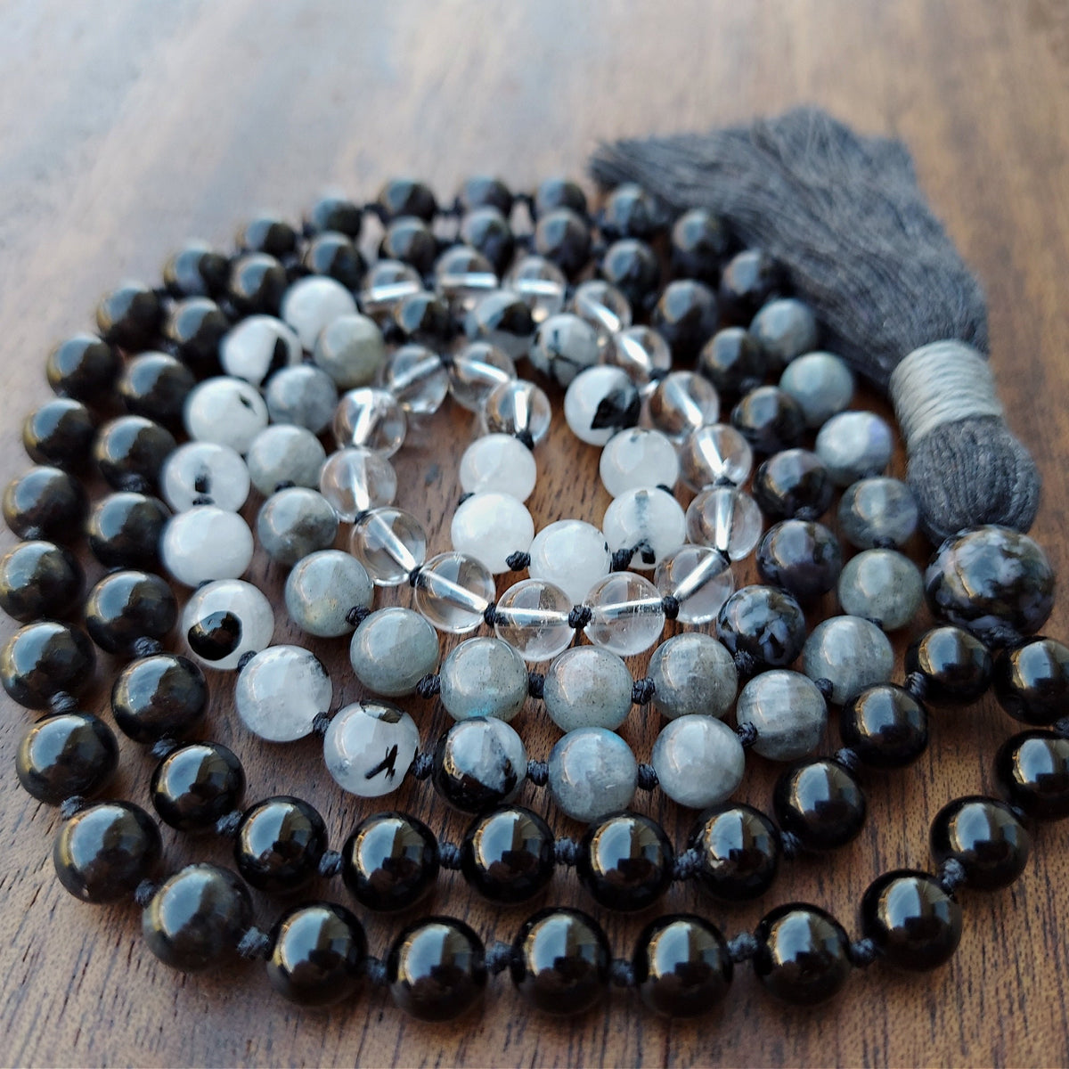 New Moon Mala with Black Tourmaline, Hypersthene, Mystic Merlinite, Labradorite, and Quartz