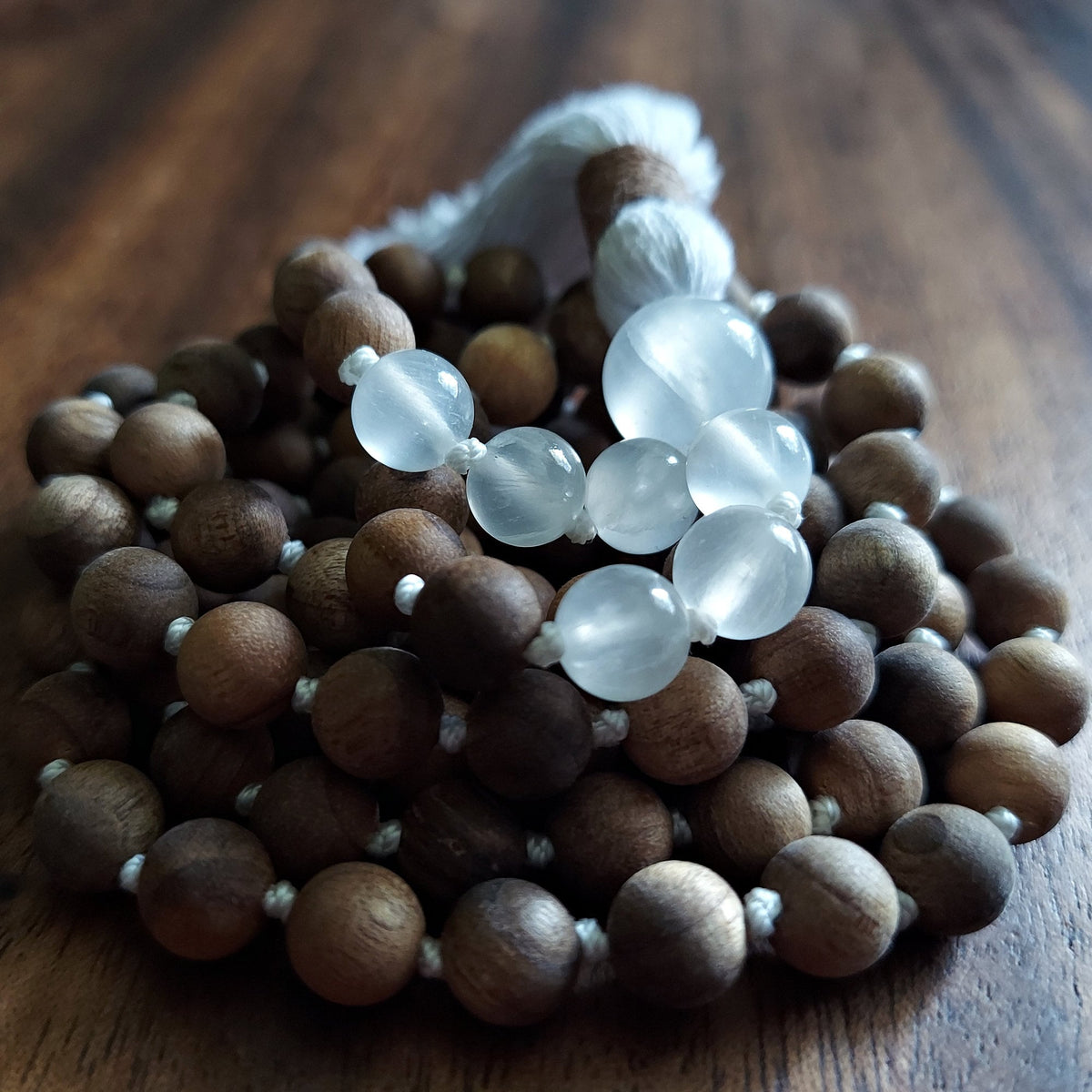 Celestial Light Mala with Selenite and Sandalwood