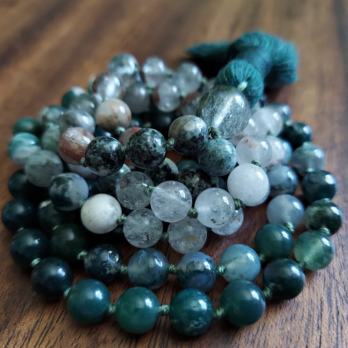 Standing Stones Mala with Preseli Bluestone, Phantom Quartz, Tree Agate, and Moss Agate