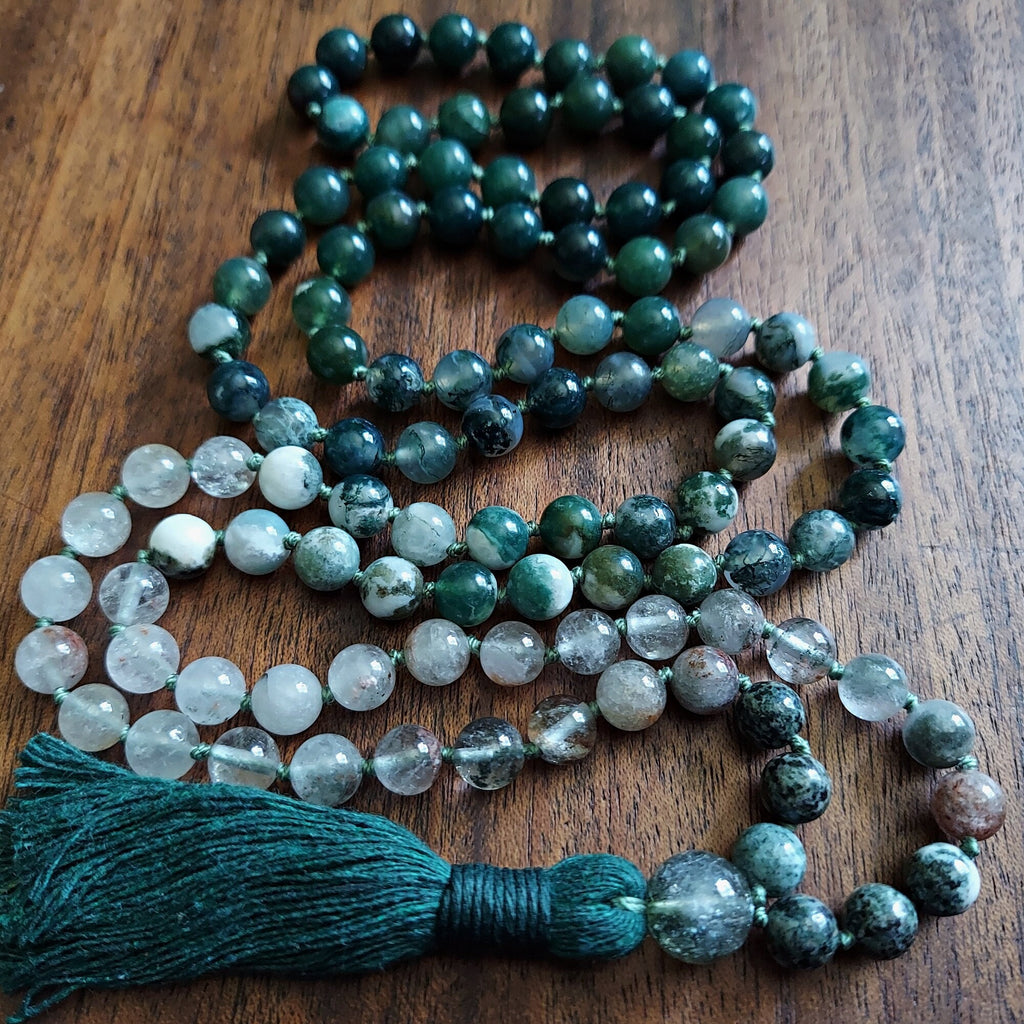 Standing Stones Mala with Preseli Bluestone, Phantom Quartz, Tree Agate, and Moss Agate
