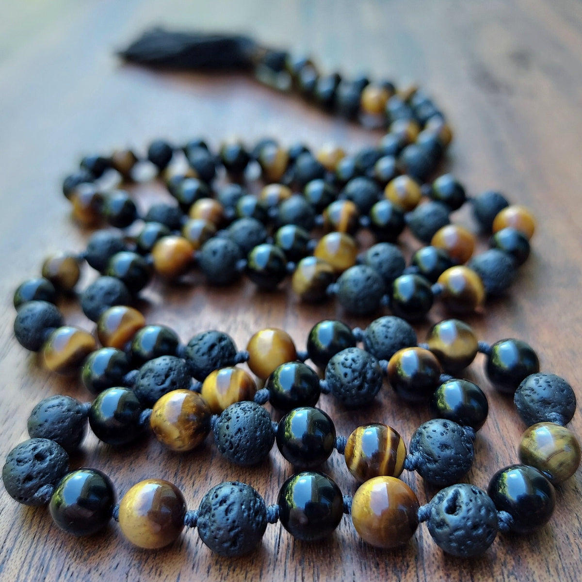 Dragon Spirit Mala with Tiger’s Eye, Black Obsidian, and Lava Stone