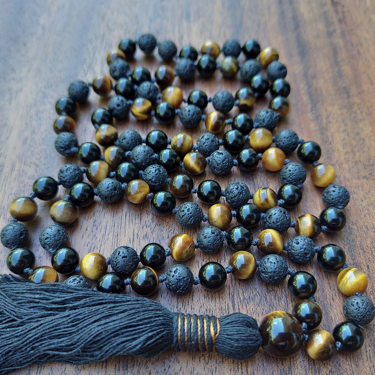 Dragon Spirit Mala with Tiger’s Eye, Black Obsidian, and Lava Stone