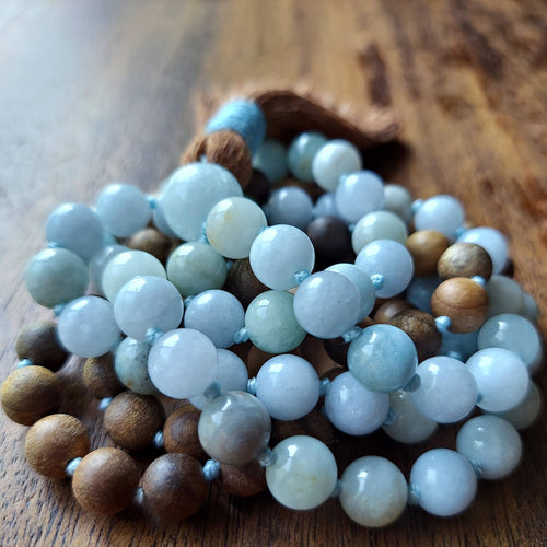 Anchored Tides Aquamarine and Sandalwood Mala