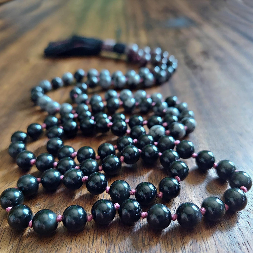 Red Dragon Mala with Garnet, Pink Tourmaline, and Snowflake Obsidian