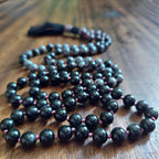 Red Dragon Mala with Garnet, Pink Tourmaline, and Snowflake Obsidian