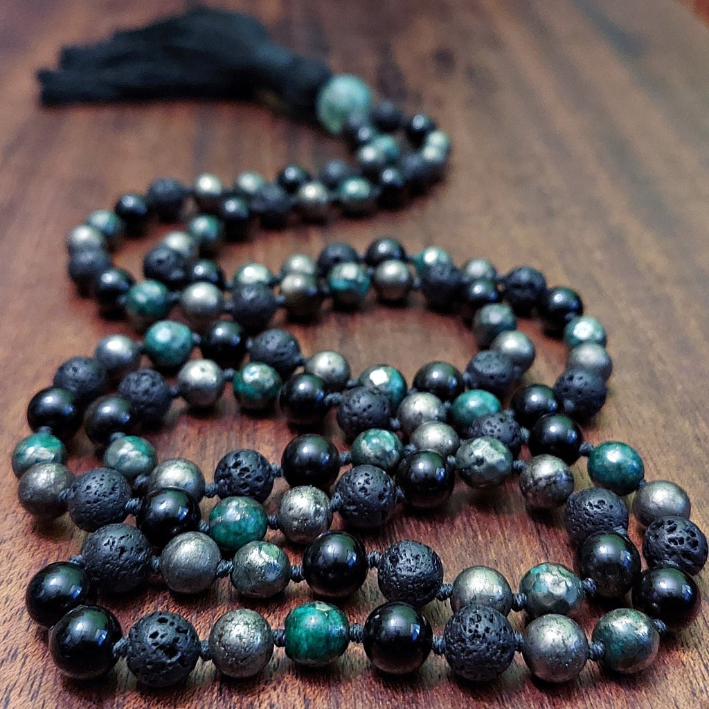 Prosperous Path Mala with a Vibrant Combination of Pyrites and Black Obsidian