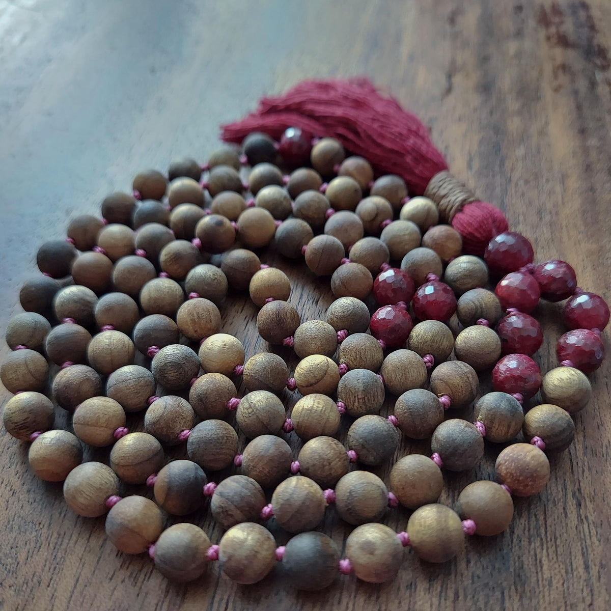 Dragon Heart Mala with Ruby and Sandalwood