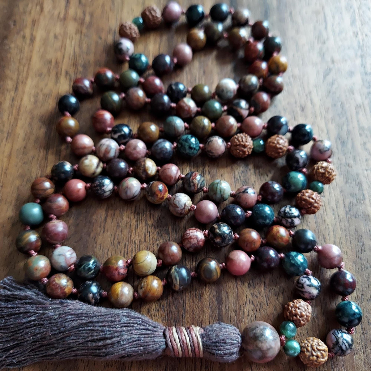 Earthly Grace Mala with Rhodonite, Rudraksha, Seraphinite, and Jasper