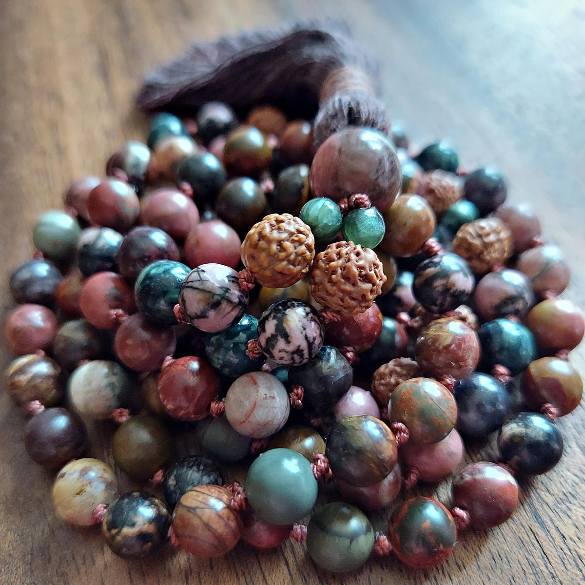 Earthly Grace Mala with Rhodonite, Rudraksha, Seraphinite, and Jasper